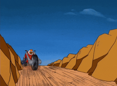 a cartoon character is riding a red motorcycle