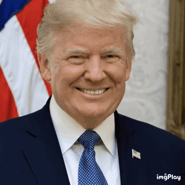 a man in a suit and tie is smiling with a flag pin on his lapel that says imgplay