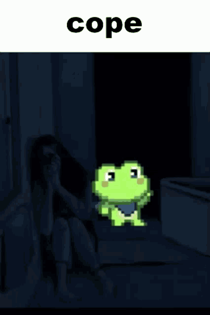 a woman is sitting in a dark room with a pixelated frog in the background and the word cope above her