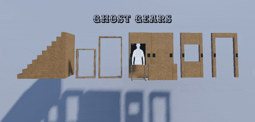 a display of ghost gears including stairs doors and a man