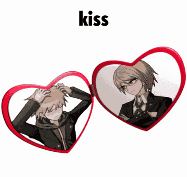 a couple of heart shaped frames with the word kiss on top