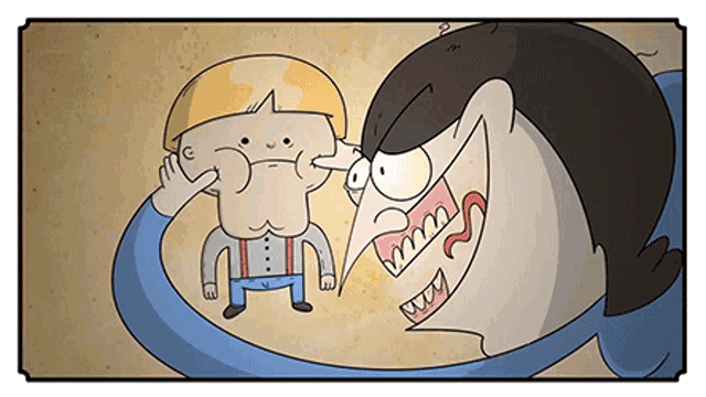 a cartoon of a man being attacked by a shark with huge teeth