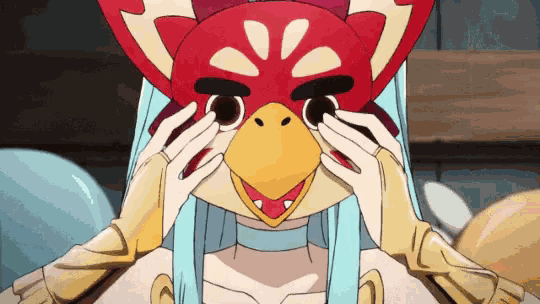 a cartoon character wearing a bird mask covering her eyes with her hands .
