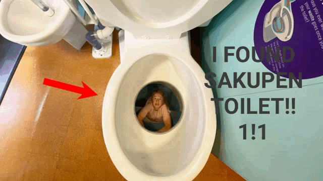 a toilet with the words i found sakupen toilet written on the bottom