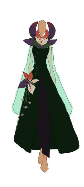 a drawing of a person wearing a green dress with flowers on it