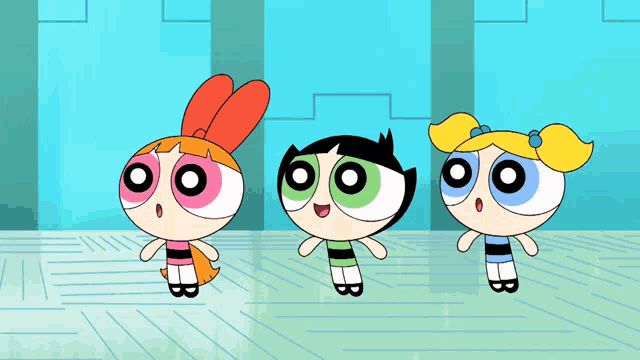 three cartoon characters are standing next to each other and one of them has the letter b on her chest