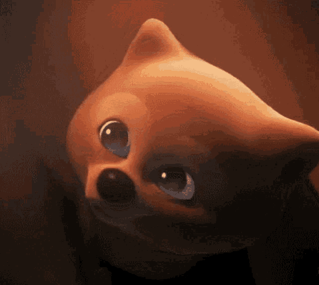 a close up of a cartoon dog with big blue eyes