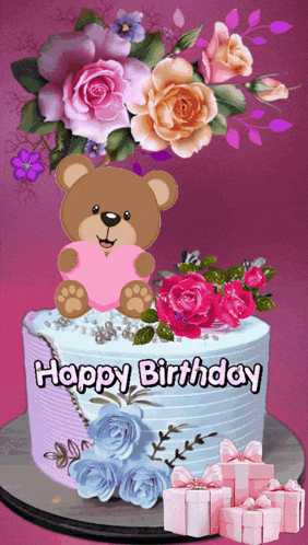 a birthday cake with a teddy bear holding a heart and the words happy birthday