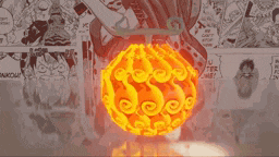 a glowing orange ball with swirls on it is in front of a collage of comic strips