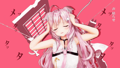 a girl with pink hair is laying down with her eyes closed and her hands on her head