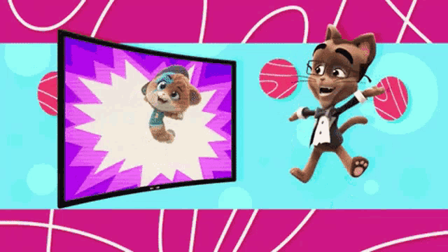 a cat in a tuxedo is jumping in front of a television