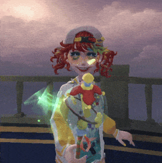 a girl with red hair and a hat is holding a doll in her hand