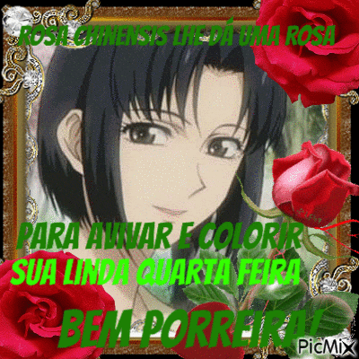 a picture of a girl surrounded by red roses with the words bem porreiras in green
