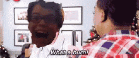 a man in a plaid shirt is saying what a burn .