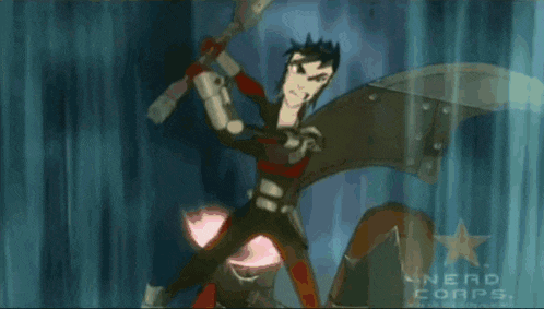 a cartoon character is holding a sword in front of a nerd corps sign