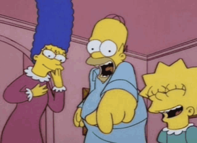 homer simpson is pointing at marge and lisa simpson