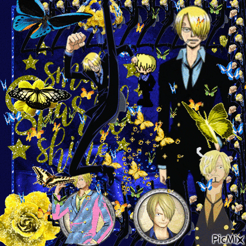 a picture of sanji from one piece with butterflies and roses