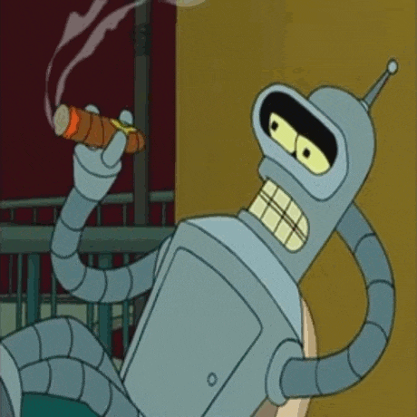 bender from futurama is smoking a cigar while sitting on a chair .