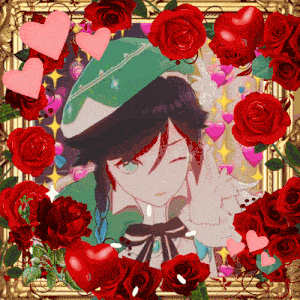 a picture of a boy in a green hat is surrounded by red roses and hearts