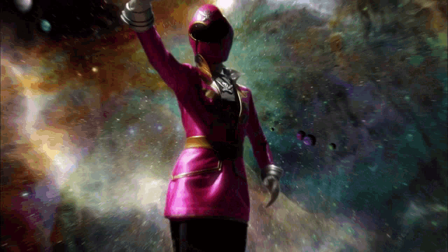 a woman in a pink uniform with a skull and crossbones on it