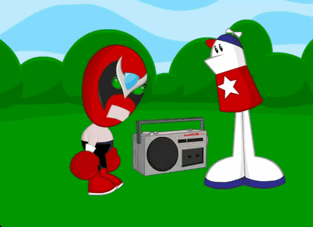 two cartoon characters are standing next to a boombox that says ' sanyo ' on it