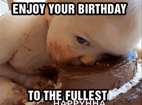 a baby is eating a chocolate cake with the words enjoy your birthday to the fullest happy hha written on it .