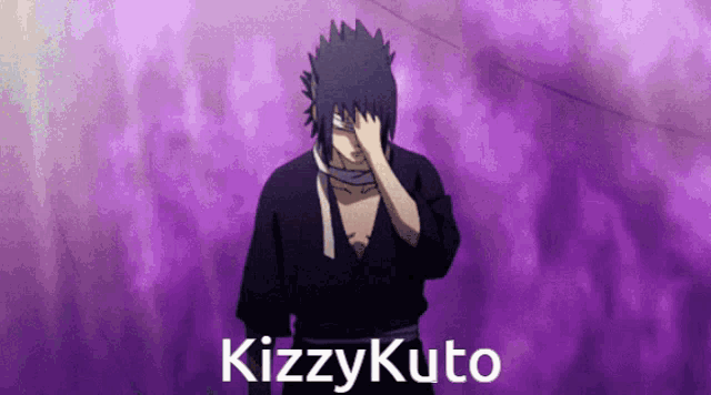 a purple background with a person covering their face and the name kizzykuto