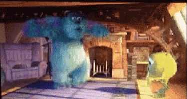 sulley and mike from monsters inc are dancing in a room