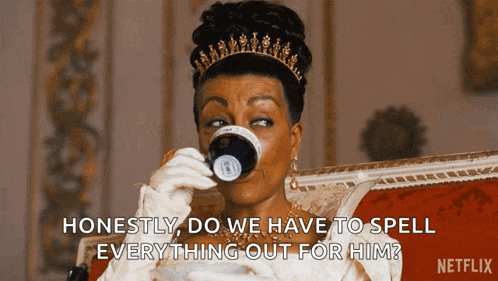 a woman sitting on a couch drinking from a cup with the words " honestly do we have to spell everything out for him "