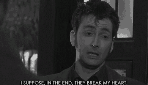 a black and white photo of a man with the words i suppose in the end they break my heart