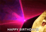 a happy birthday greeting card with a skull and a laser light .