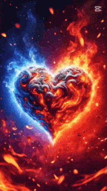 a heart made of fire and ice with the letter m on the bottom