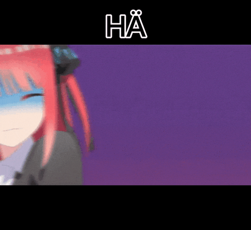 a girl with red hair is standing in front of a purple background and the word ha is above her