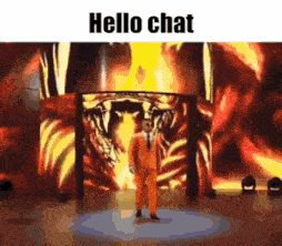 a man in an orange suit is standing in front of a tiger on a stage with the words hello chat above him .