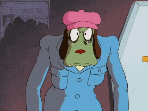 a cartoon character wearing a blue coat and a pink hat