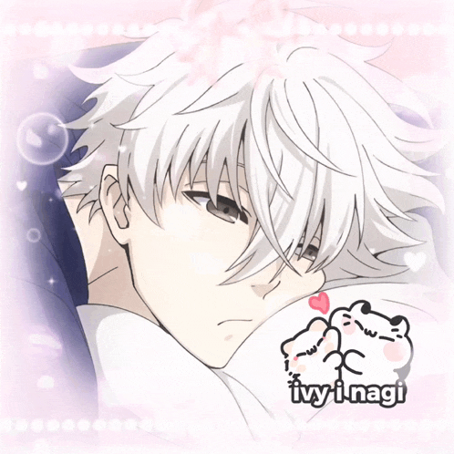 a drawing of a boy with ivy i nagi on the bottom