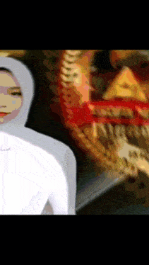 a woman in a white hijab is standing in front of a blurred image
