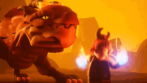 a cartoon character with horns is standing in front of a dragon