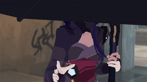 a cartoon character holding an umbrella with graffiti on the wall behind her that says got