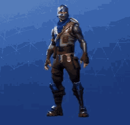 a man in a helmet is standing in front of a blue background in a video game .