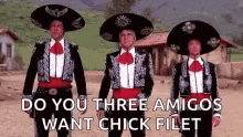 three men in mariachi costumes are standing next to each other in a field .