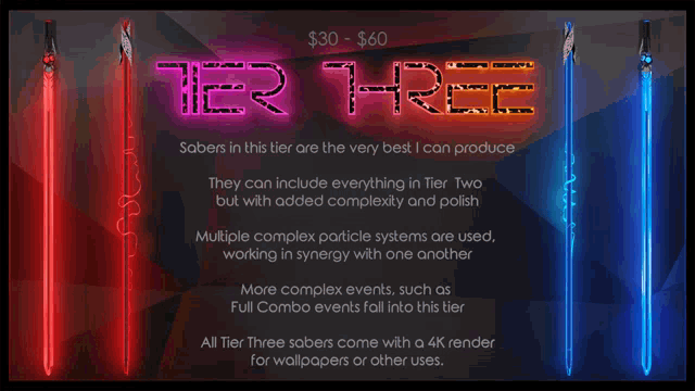 a poster advertising tier three sabers for $ 30 to $ 60