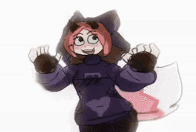 a cartoon character wearing a purple hoodie with the letter e on it .