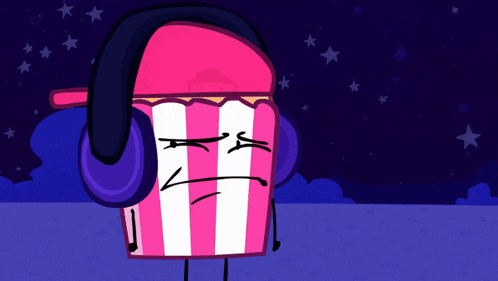 a cartoon drawing of a pink and white popcorn bucket wearing headphones