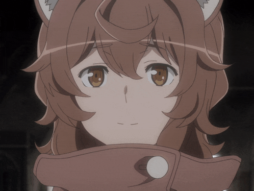 a close up of a brown haired anime girl with a white button on her jacket