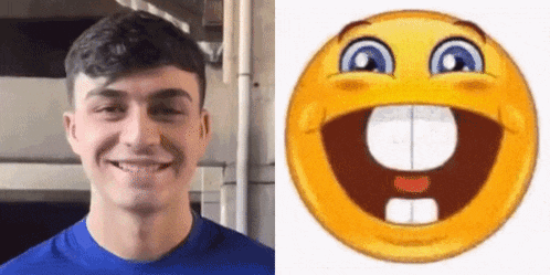 a man in a blue shirt is smiling next to a smiley face with his mouth open