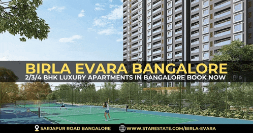 a advertisement for birla evara bangalore shows a tennis court