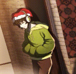 a cartoon character wearing headphones and a santa hat