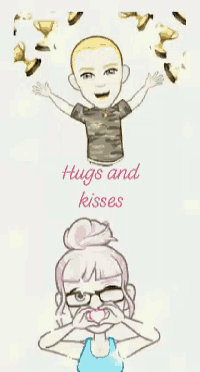 a cartoon drawing of a man and a woman with the words hugs and kisses