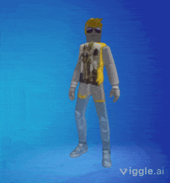 a person in a yellow shirt is jumping in the air with a blue background